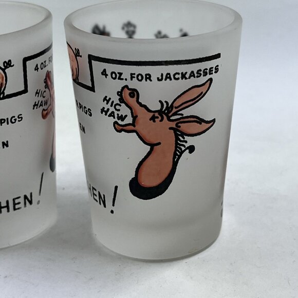 Vintage Hazel Atlas Shot Glasses Frosted Say When Rabbits Jackasses Set Of 3 - Picture 4 of 14